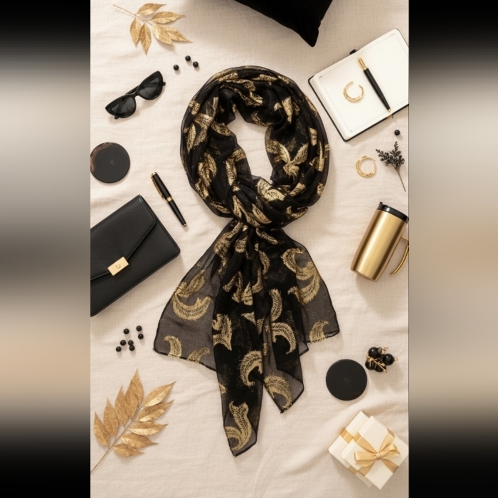 Vintage Glentex Black Gold Metallic Square Scarf Retro 22” Neck Tie Head Wrap